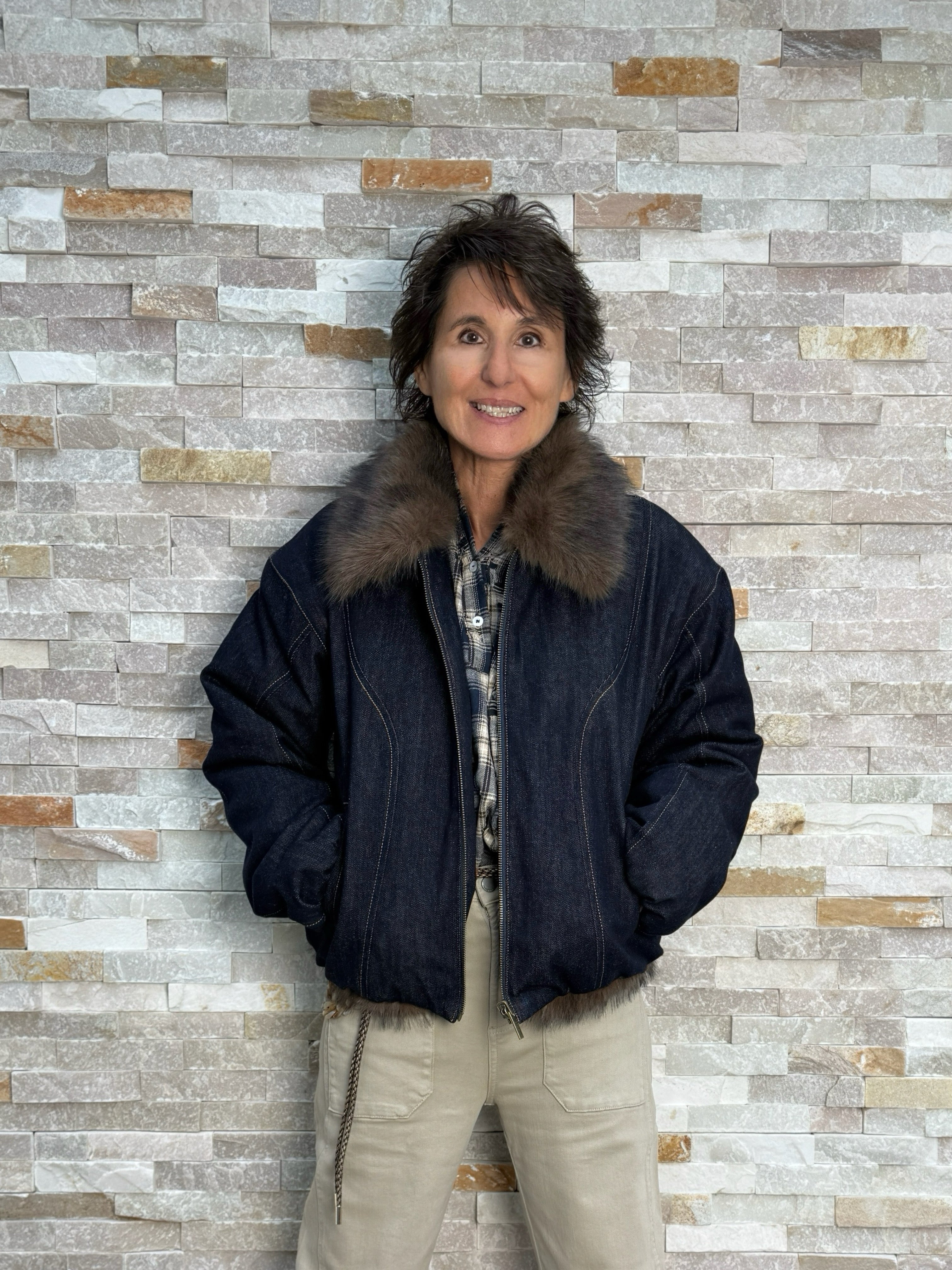 Wende Blouson Denim mit Kunstpelz in Dunkelblau