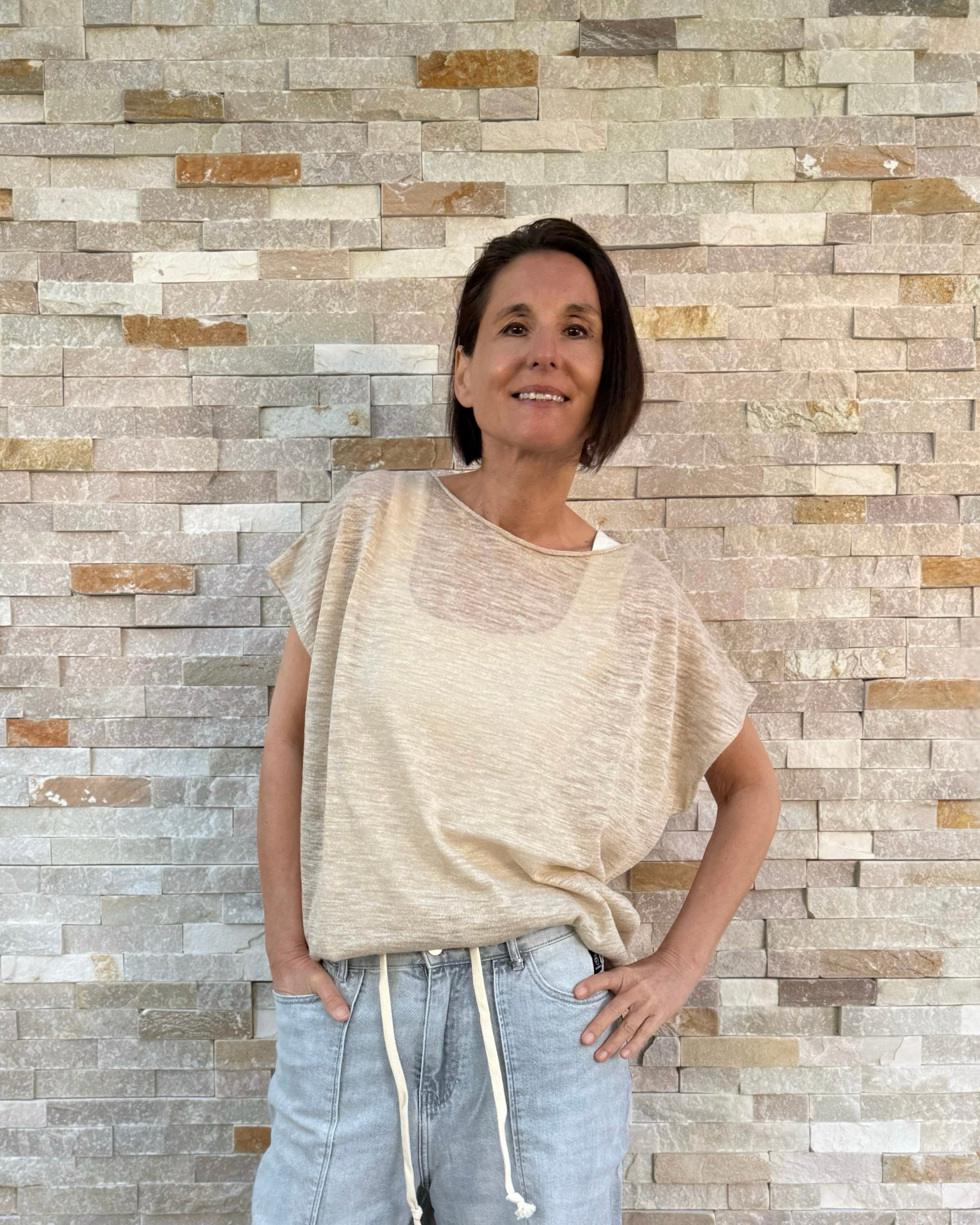 Leinen Pullover ohne Arm in Natur