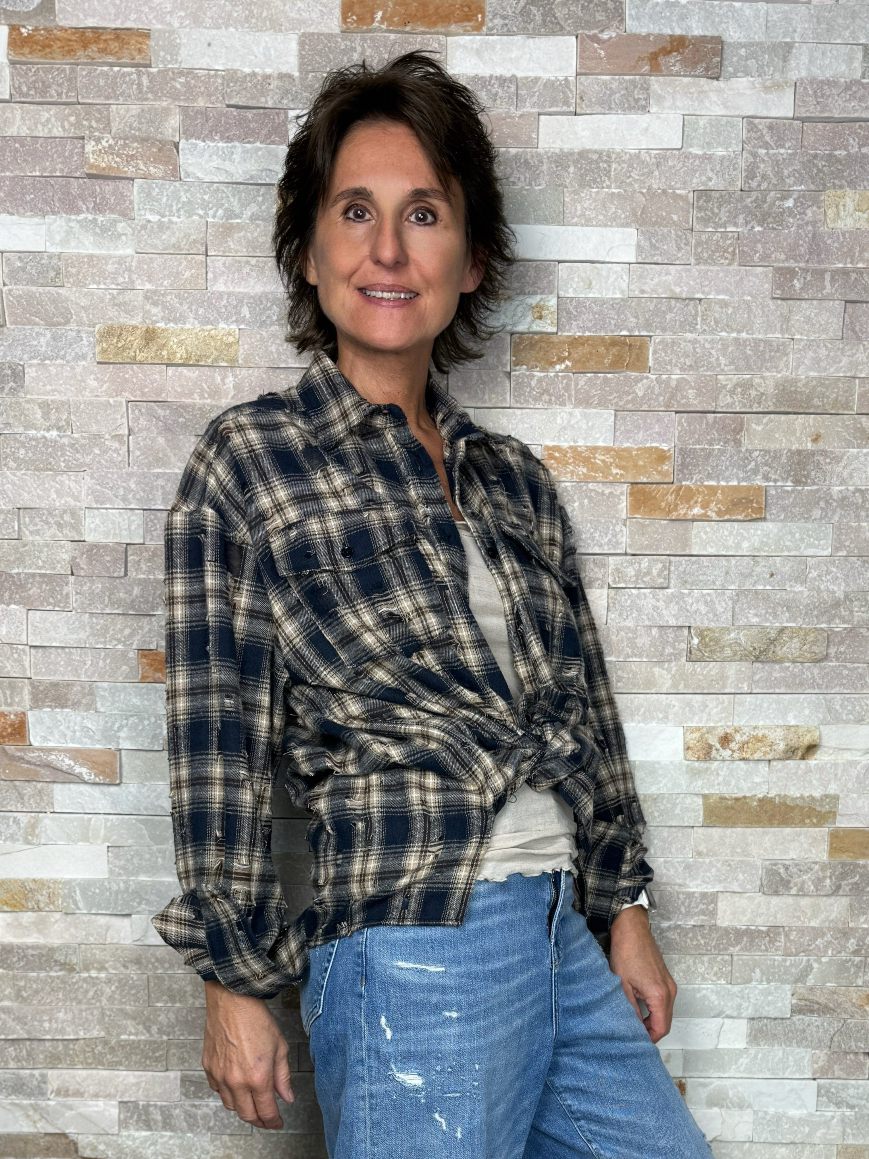 Karo Hemd mit destroyed Effekt Blau-Beige