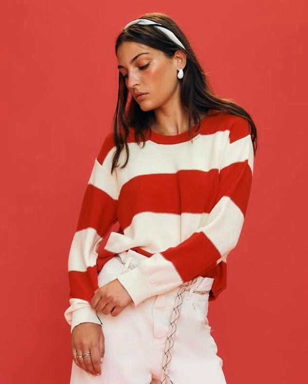 Streifen Pullover Baumwolle Rot-Ecru