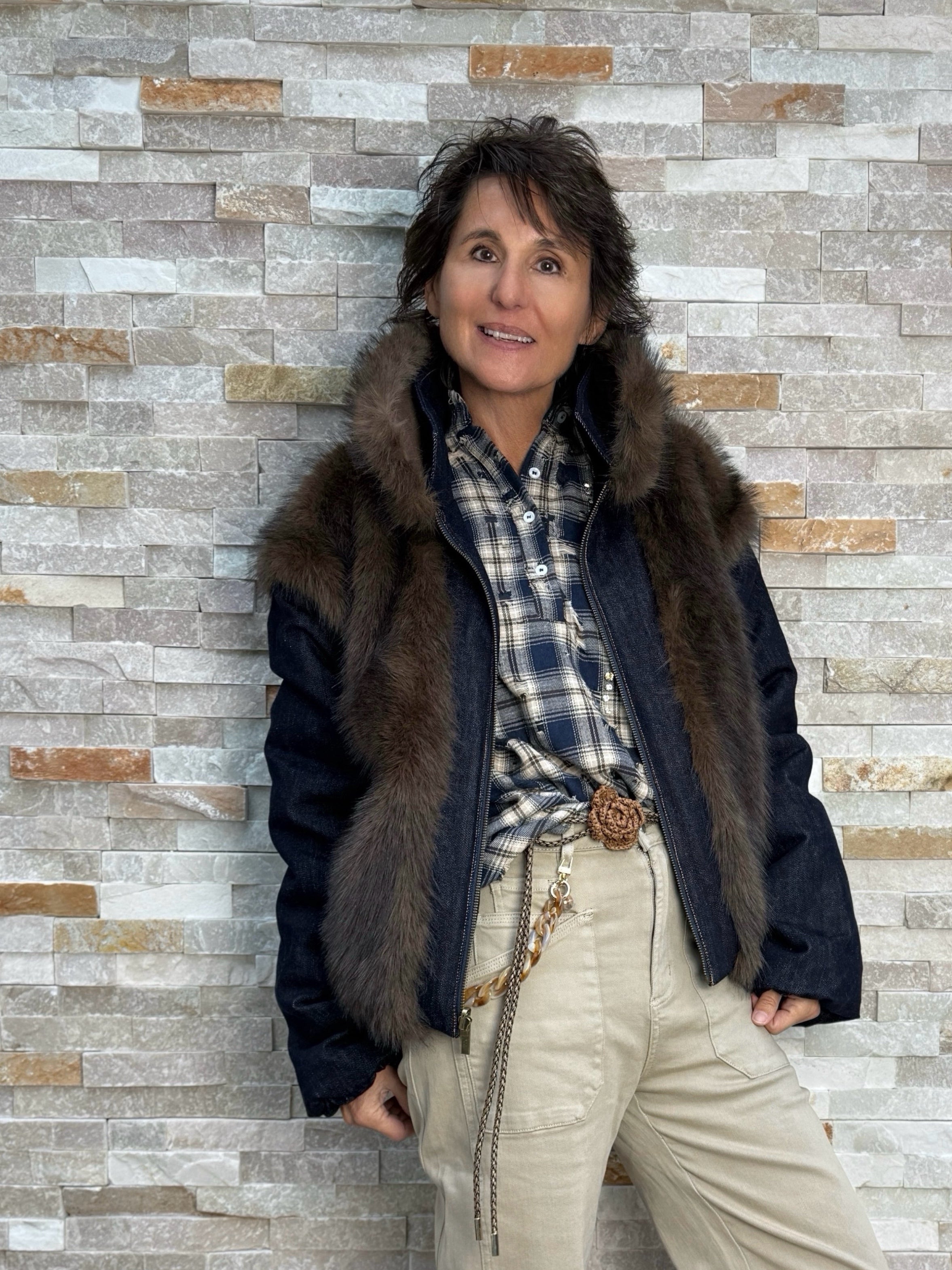 Wende Blouson Denim mit Kunstpelz in Dunkelblau