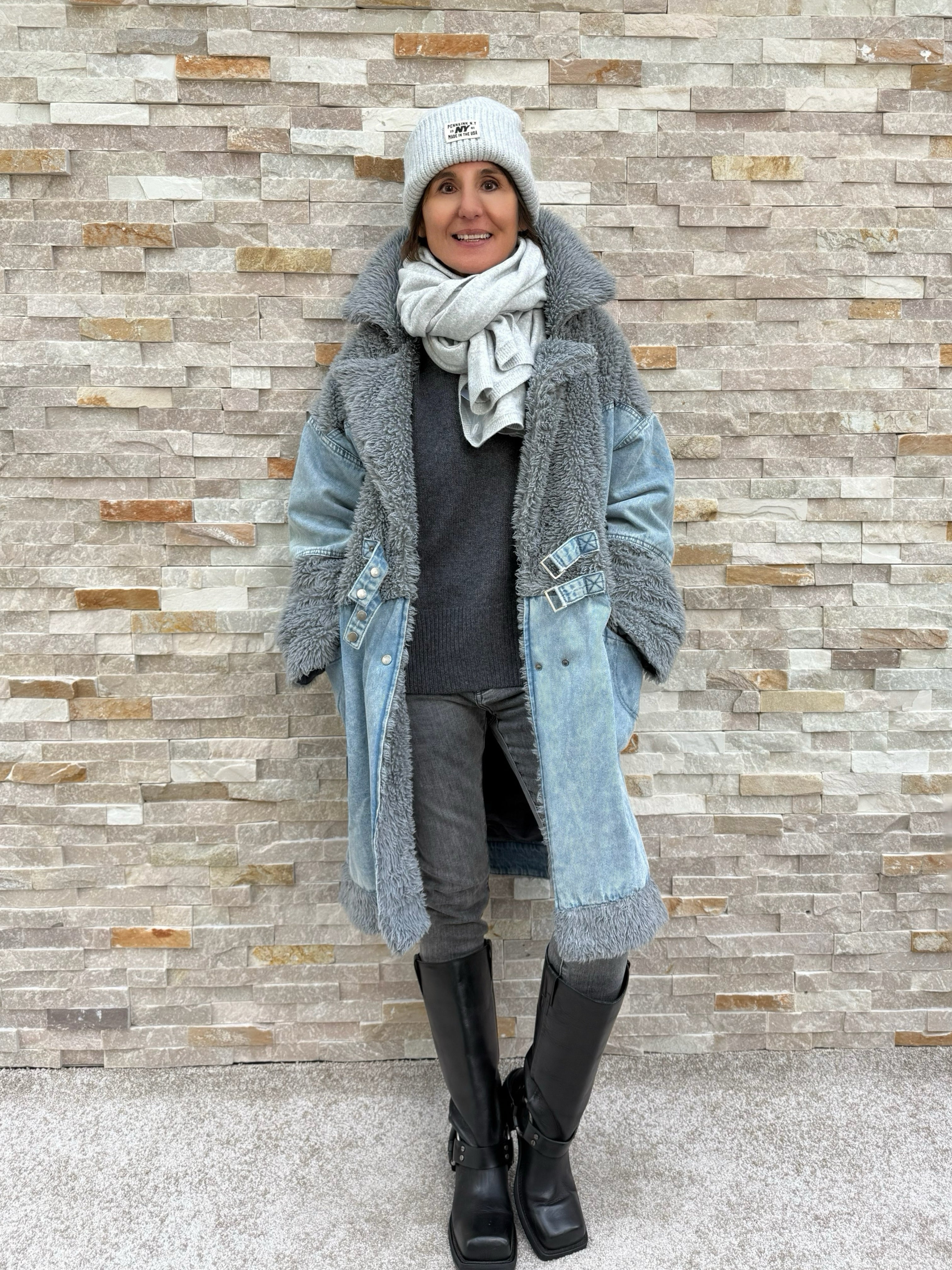 Oversized Jeans Mantel mit Kunstpelz Blue-Grau