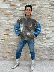 Batik Sweatshirt mit Denim Ärmel Braun-Grün
