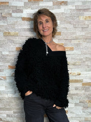 Cashmere Fransen Pullover mit V-Ausschnitt in Schwarz