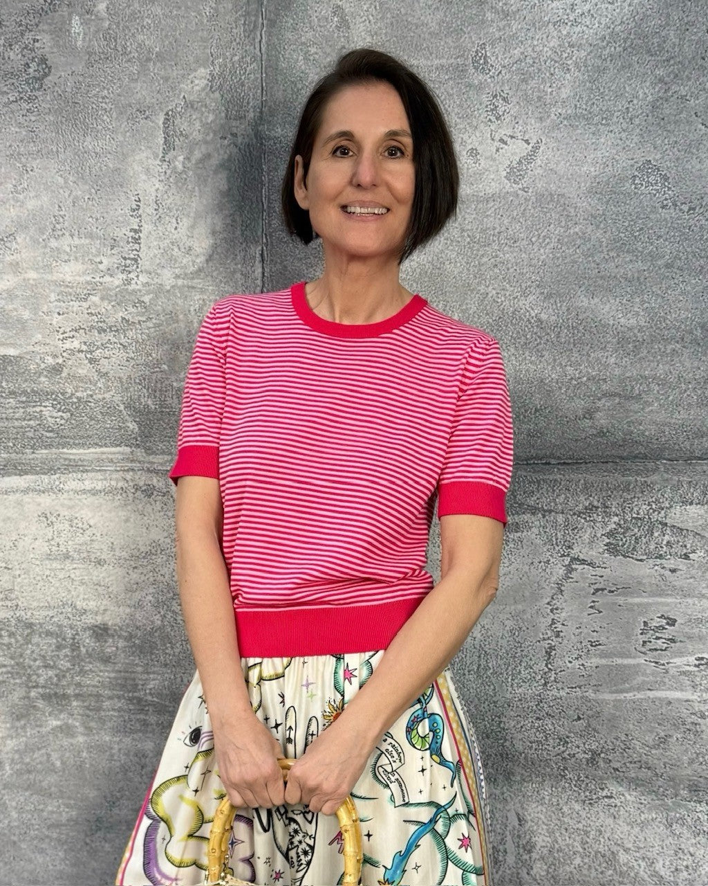 Streifen Pullover mit Halbarm Pink-Rosa