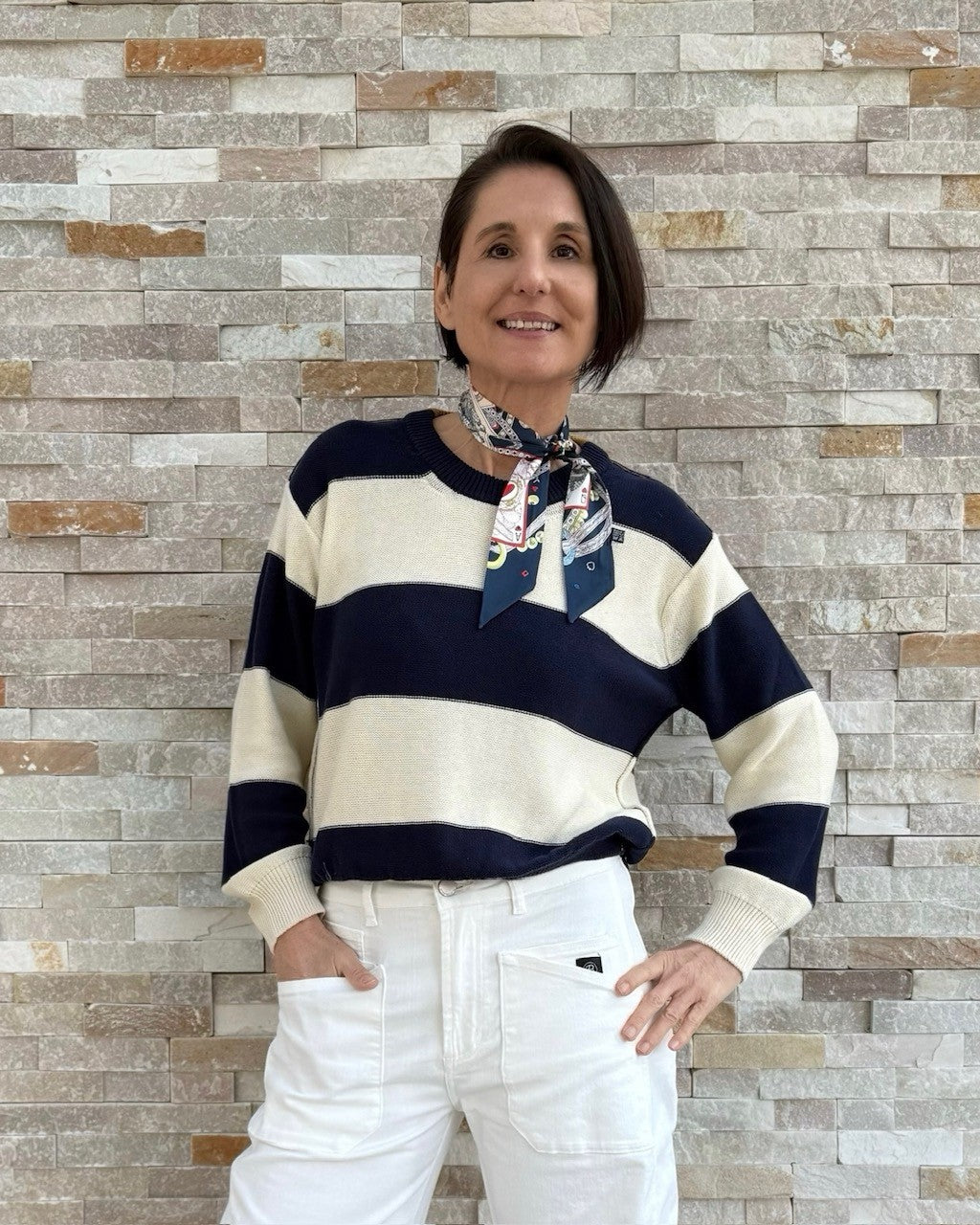 Baumwolle Pullover Blockstreifen Marine-Ecru