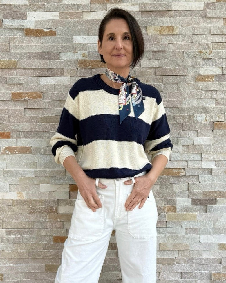 Baumwolle Pullover Blockstreifen Marine-Ecru