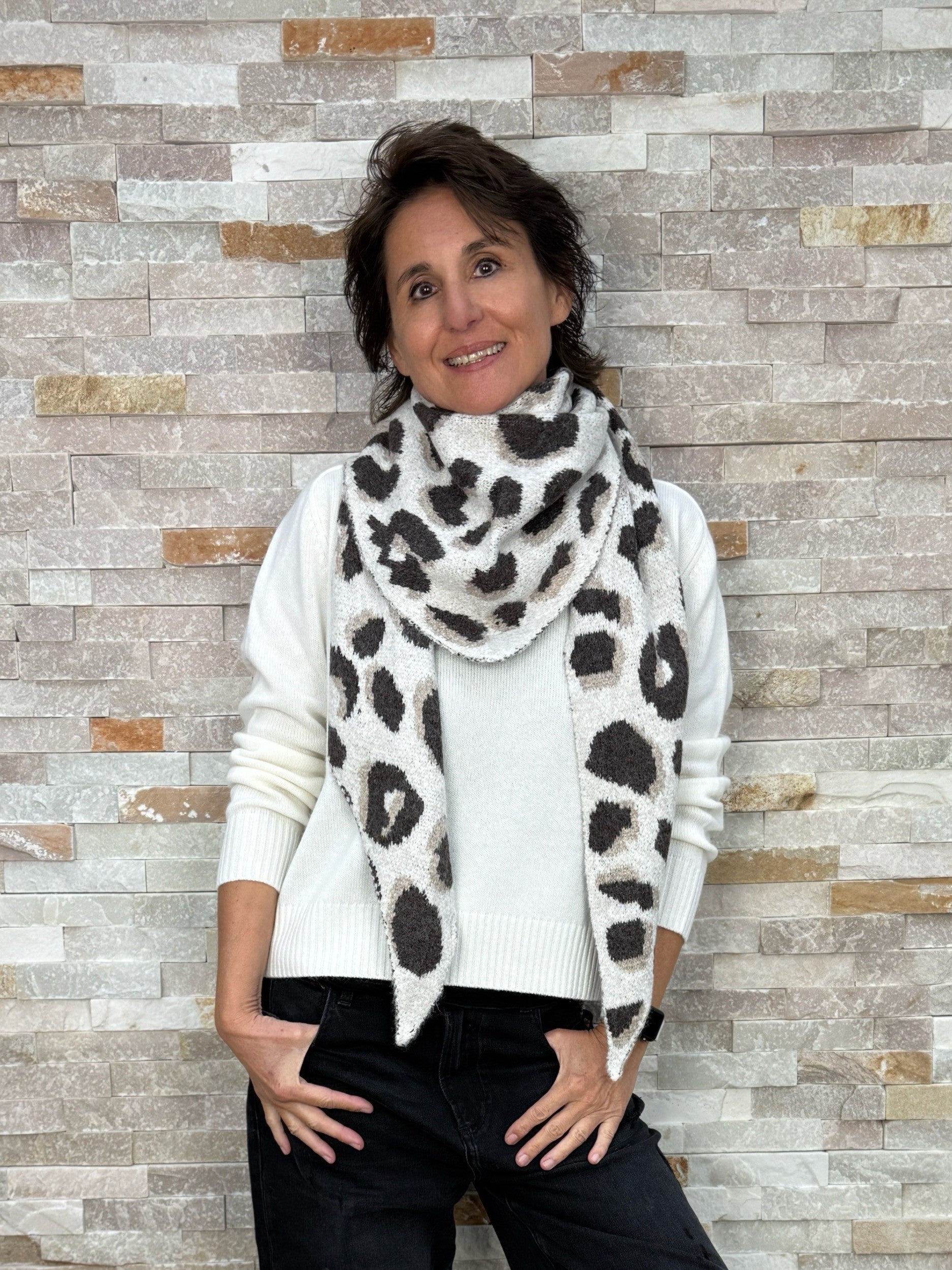 Großer Dreieck Schal mit Leo Muster Ecru-Beige-Braun