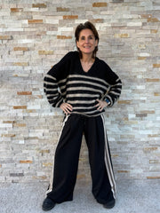 SOFT HAIRY striped sweater in black and beige