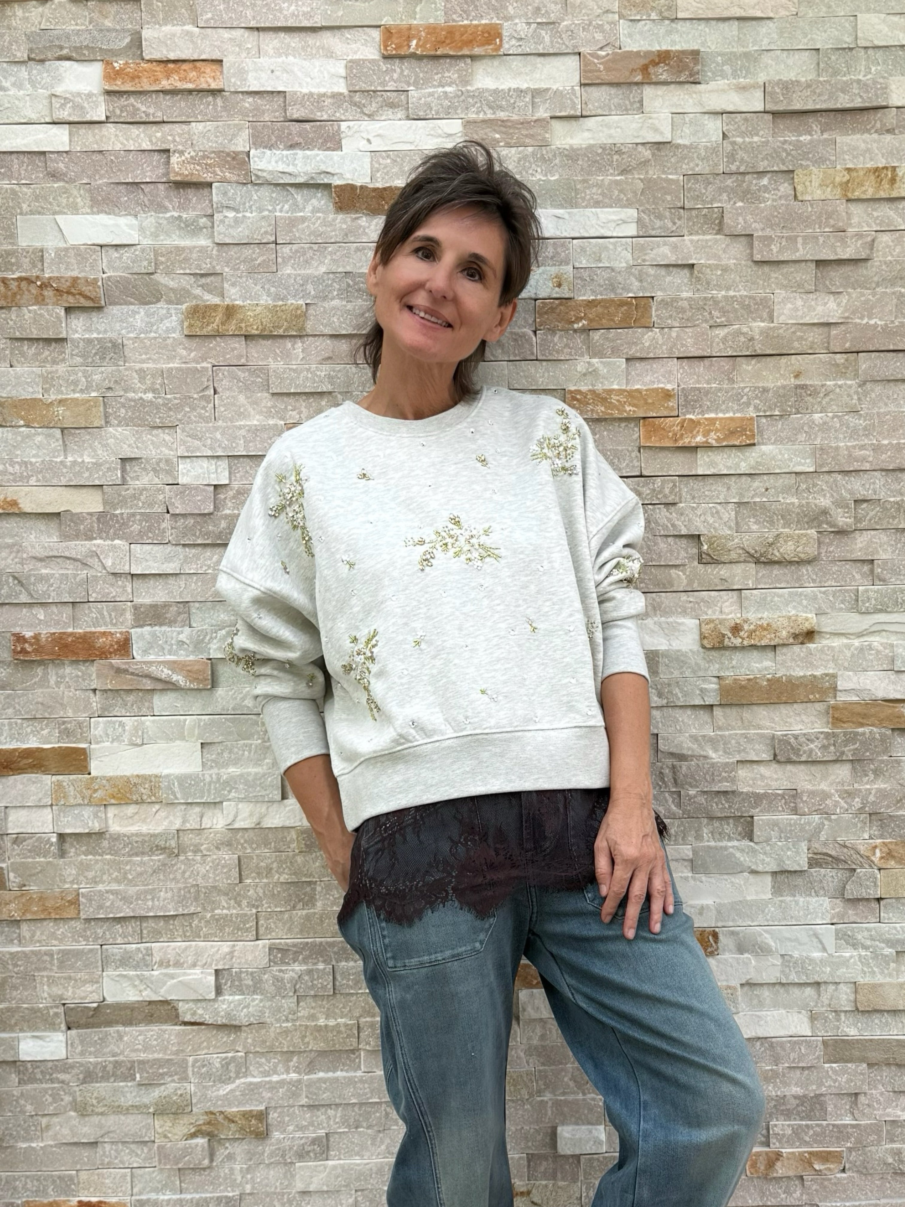 Sweatshirt with pearl and sequin embroidery Light Beige Melange