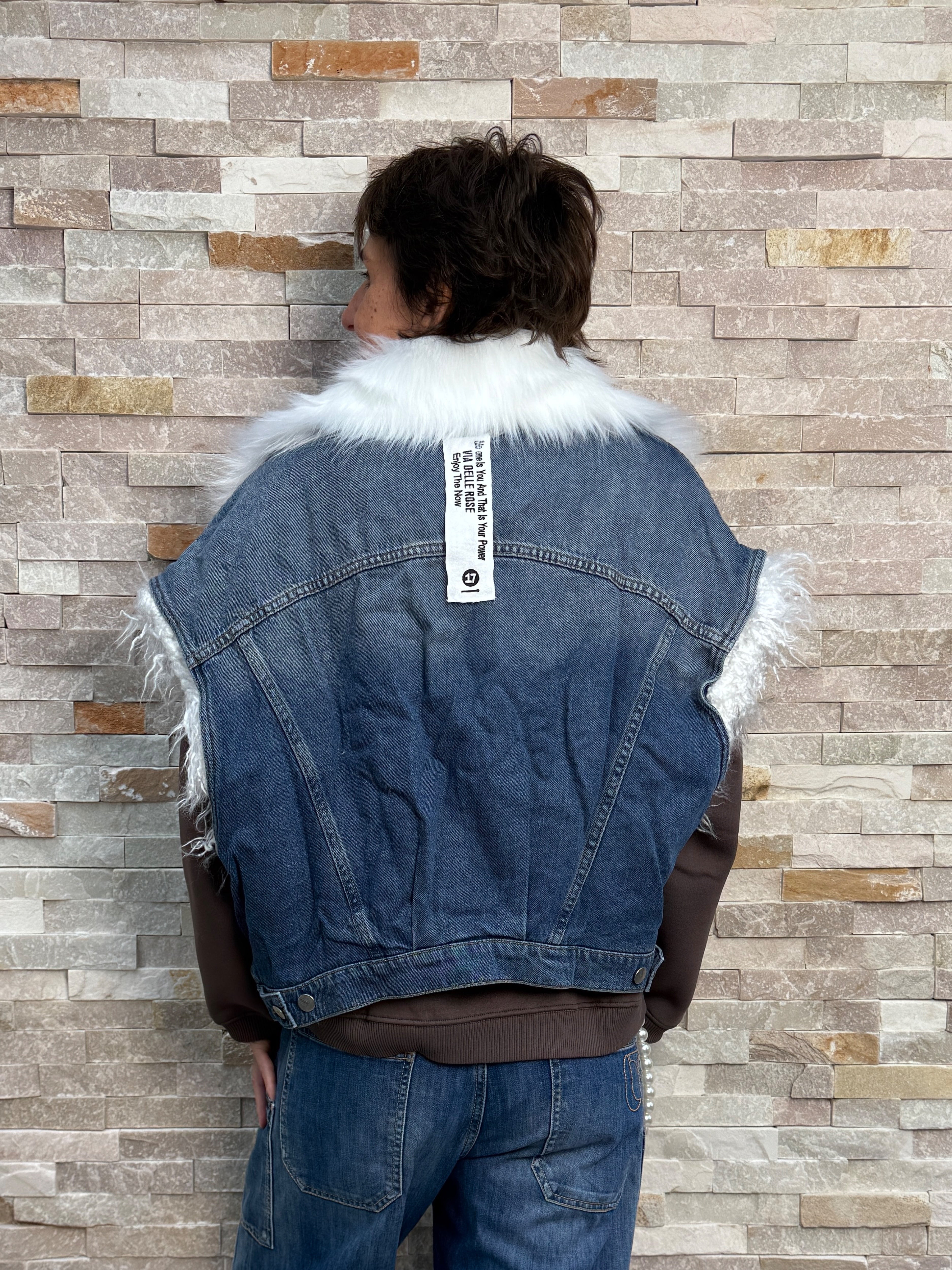 Oversize Denim Vest with Faux Fur in Denim Blue