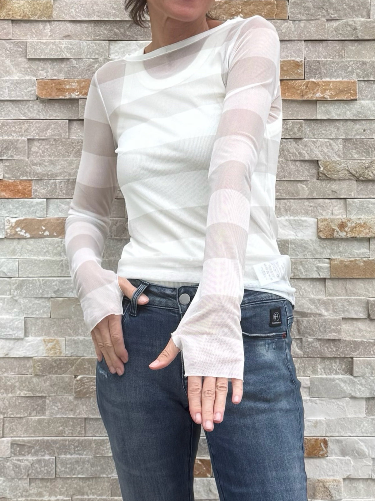 Mesh-Langarmshirt mit Streifen Hellgrau