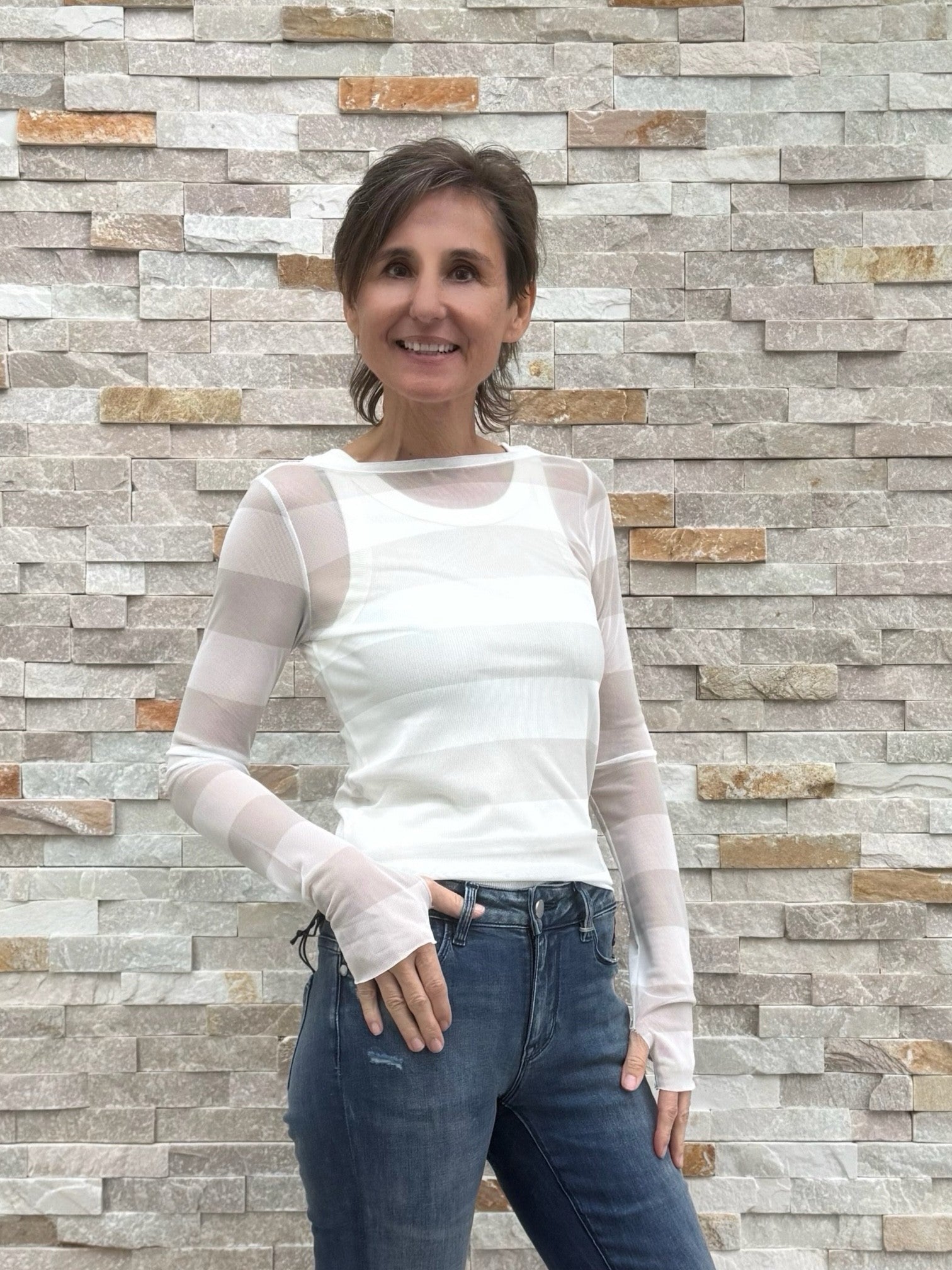 Mesh-Langarmshirt mit Streifen Hellgrau