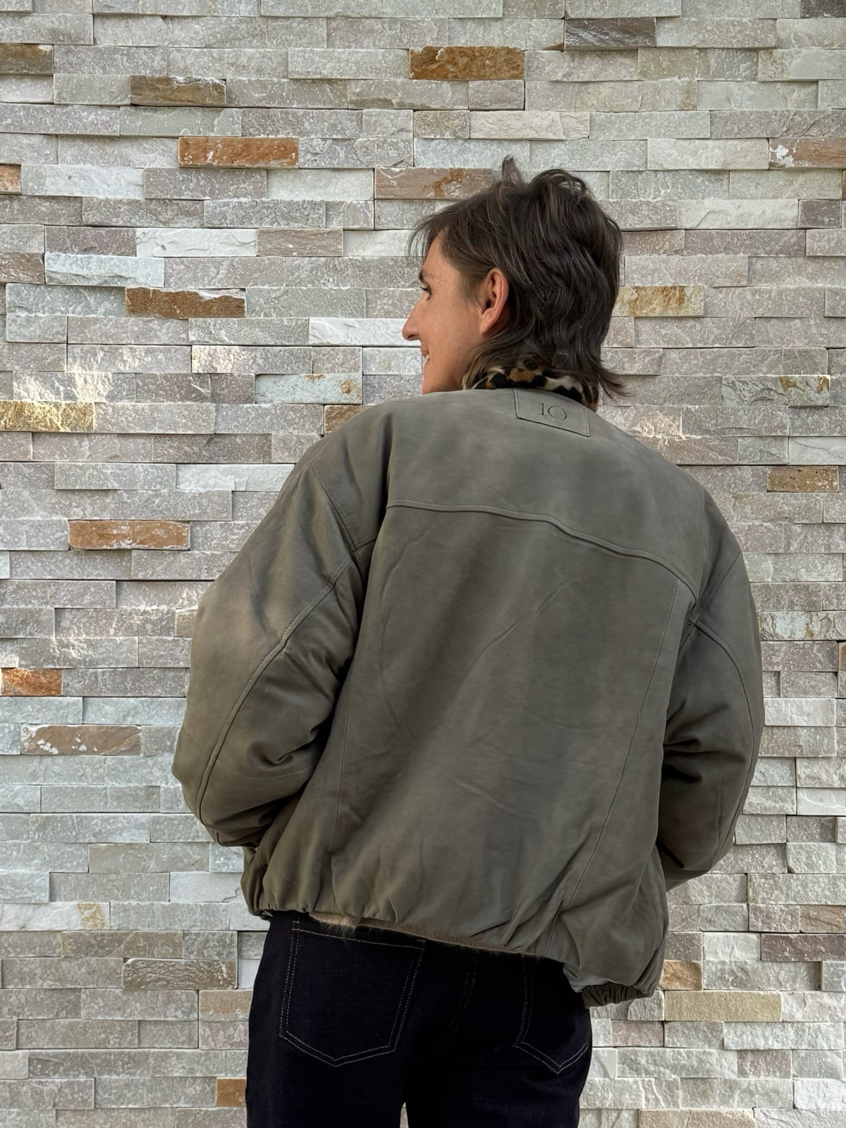 Oversized Fit Lederjacke mit Teddyfutter in Dark Fog