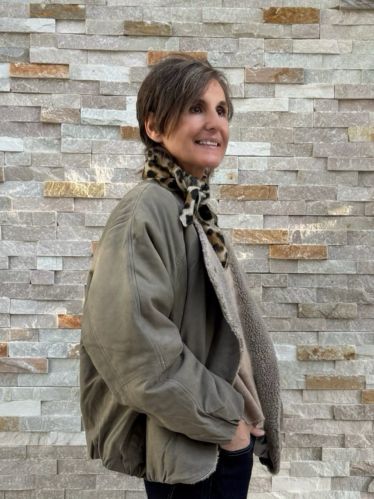 Oversized Fit Lederjacke mit Teddyfutter in Dark Fog