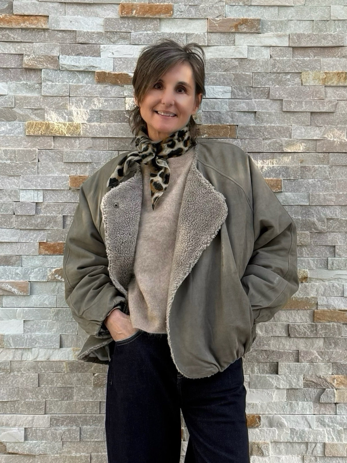 Oversized Fit Lederjacke mit Teddyfutter in Dark Fog