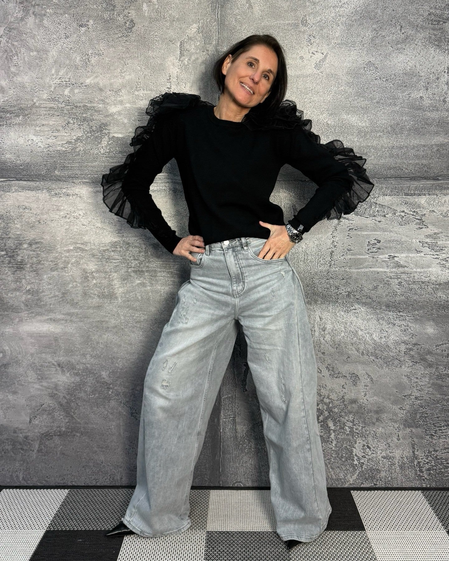 Viskose Pullover DRAMATIC mit Tüll an den Ärmeln Schwarz