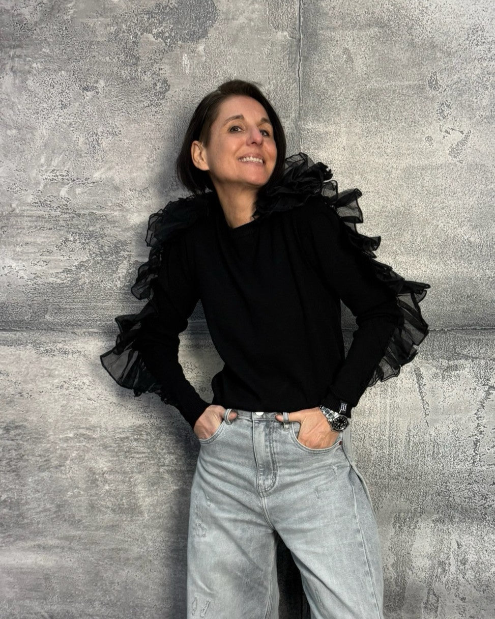 Viskose Pullover DRAMATIC mit Tüll an den Ärmeln Schwarz
