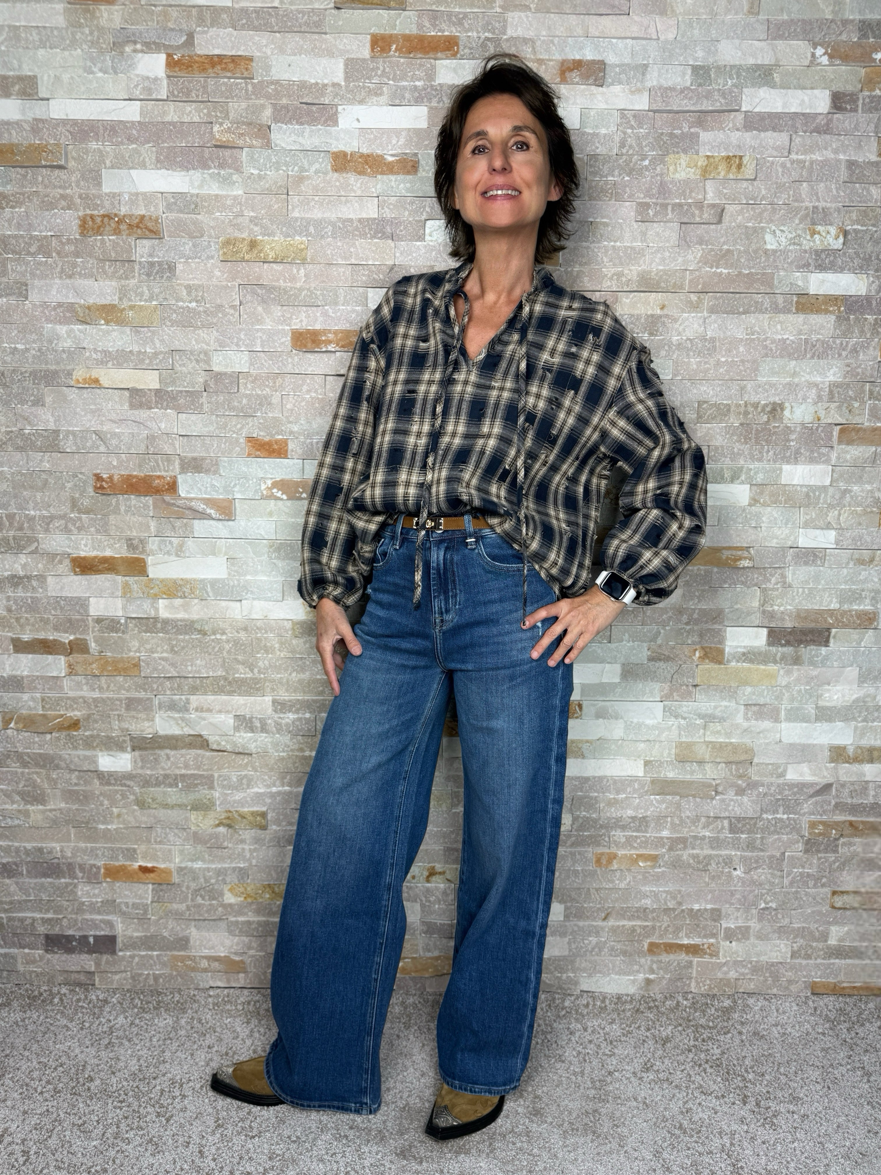 Karo Tunikabluse mit destroyed Effekt Blau-Beige