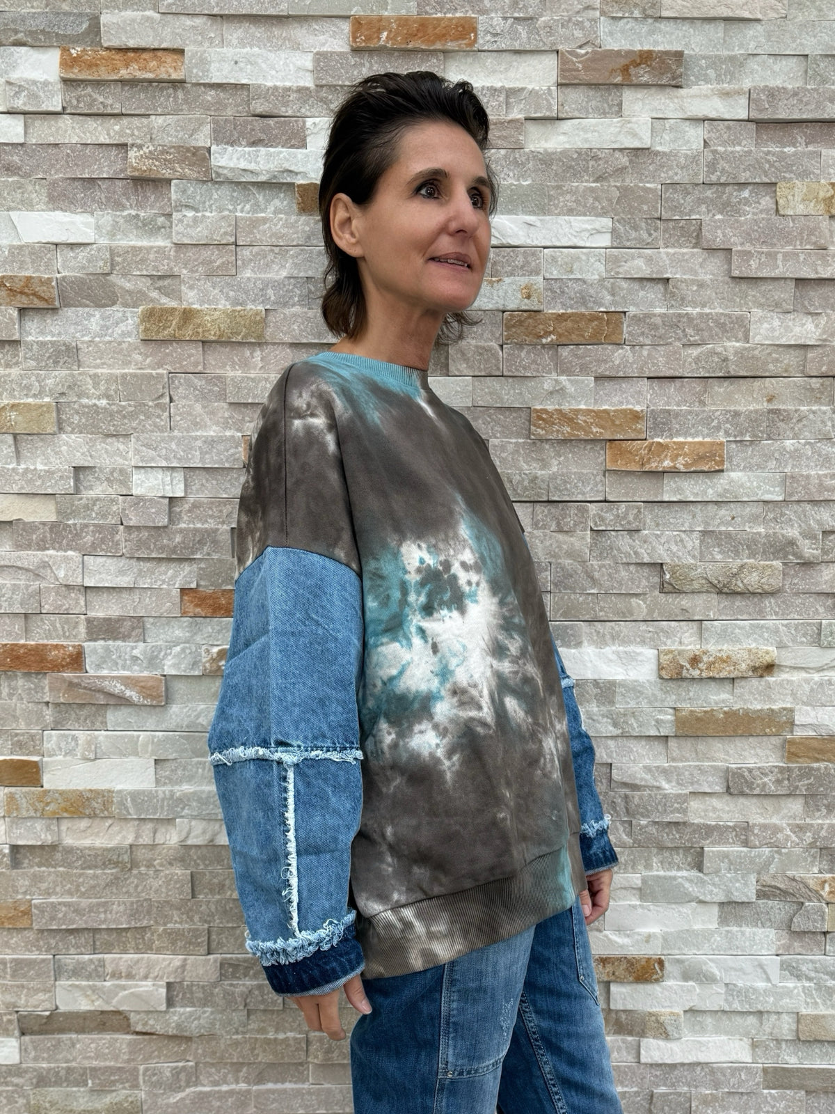 Brown-Green Batik Sweatshirt with Denim Sleeves