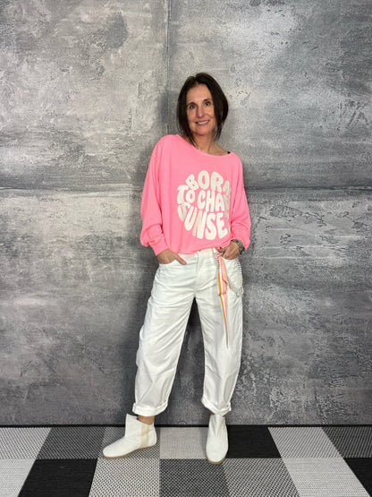 Statement Sweatshirt mit U-Boot Ausschnitt neon Pink