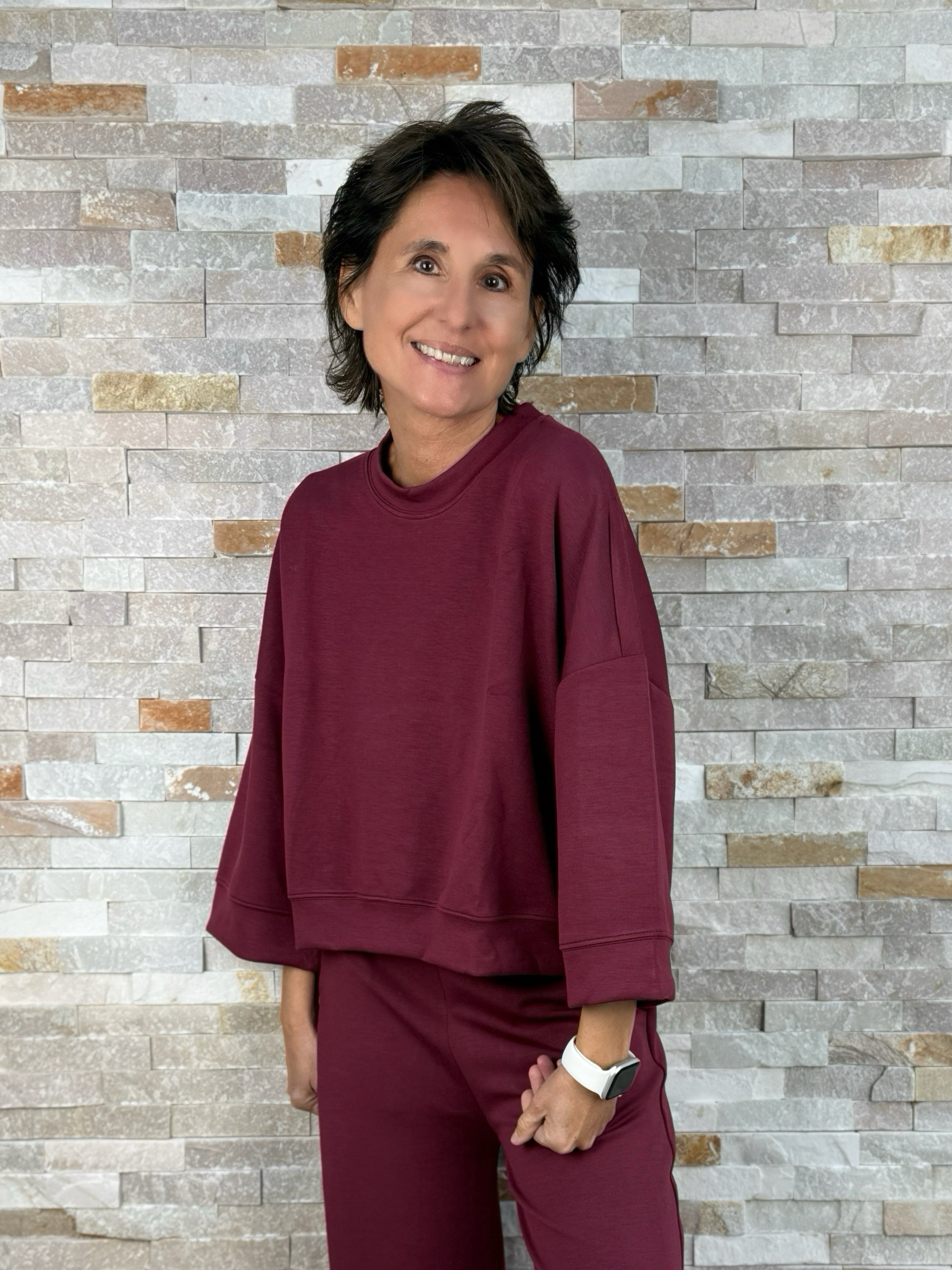 Cropped Sweatshirt aus Scuba in Bordeaux