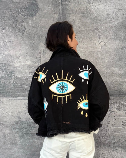 Kurze Jeansjacke Eyes in Schwarz