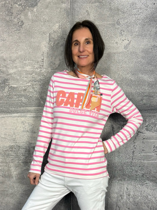 Streifen Sweatshirt mit Flockprint Offwhite-Pink