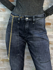 Slim jewelry belt black with gold chain