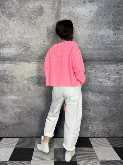 Statement Sweatshirt mit U-Boot Ausschnitt neon Pink