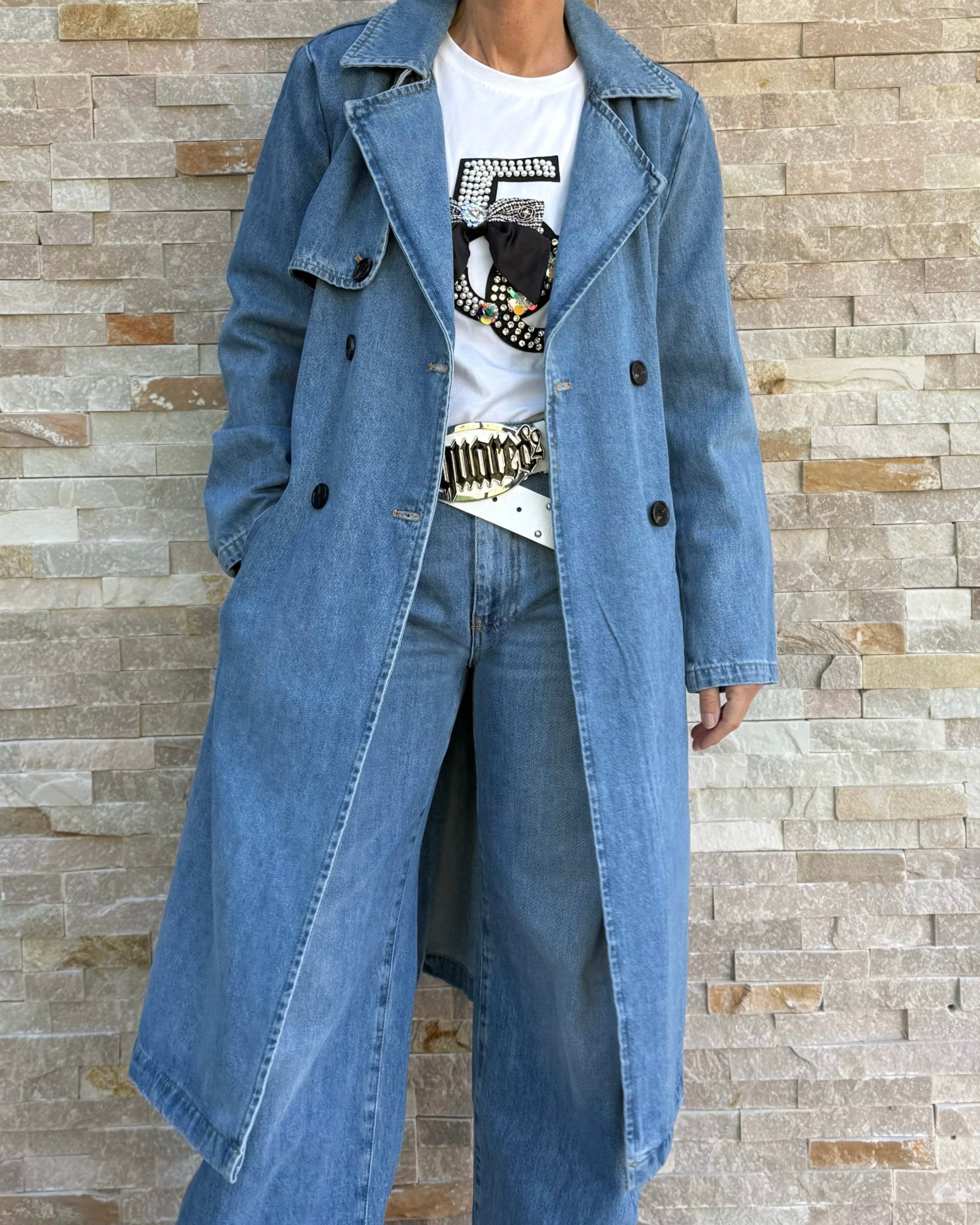 Jeans Trenchcoat Midi lang in Mittelblau