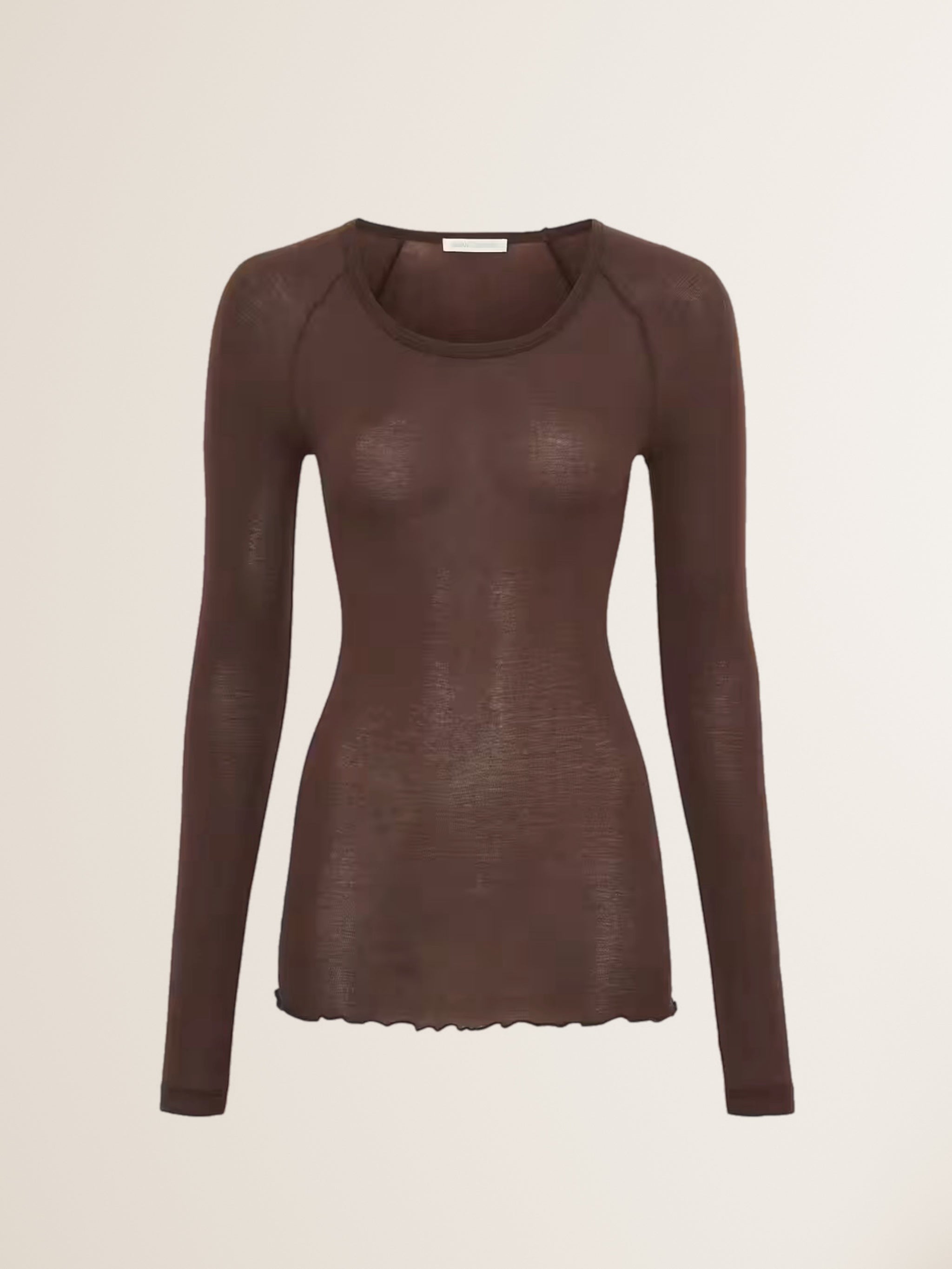 Langarm T-Shirt ELVIRA mit Wellensaum in Schokobraun