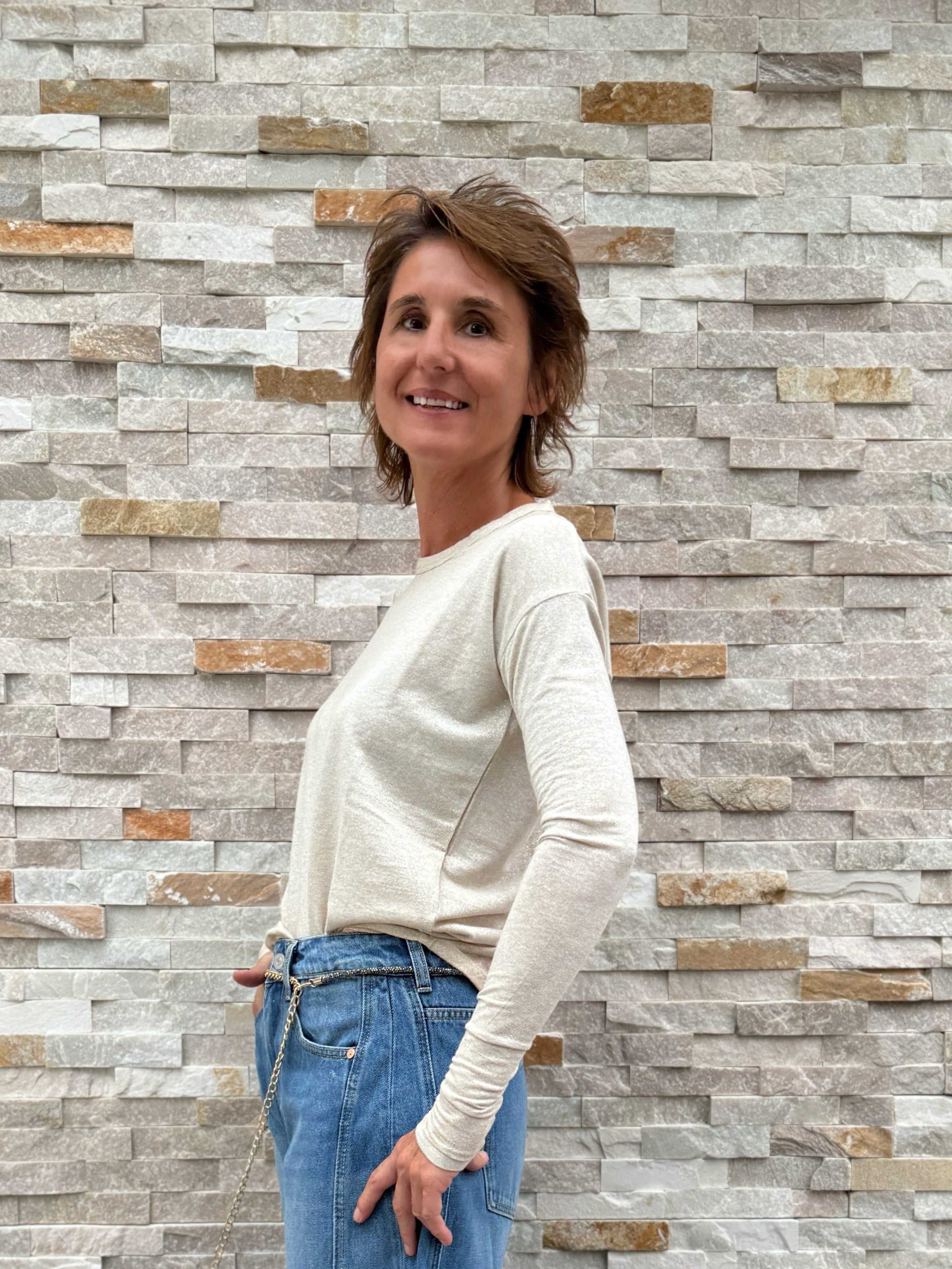 Langarm Lurex Shirt ALANIA mit Rundhals Caramel