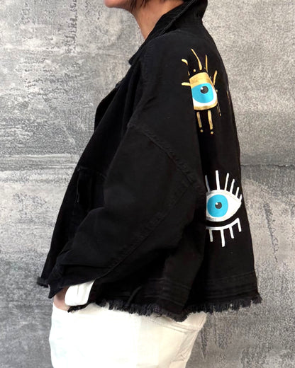 Kurze Jeansjacke Eyes in Schwarz