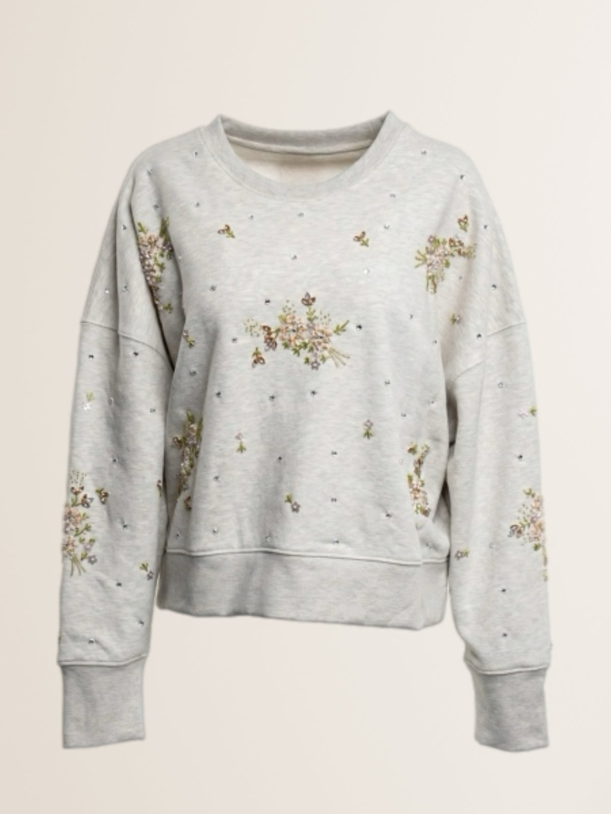 Sweatshirt mit Perlen- und Paillettenstickerei Light Beige Melange