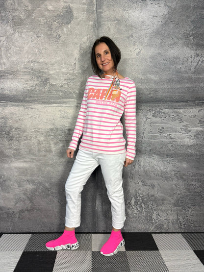 Streifen T-Shirt mit Flockprint Offwhite-Pink