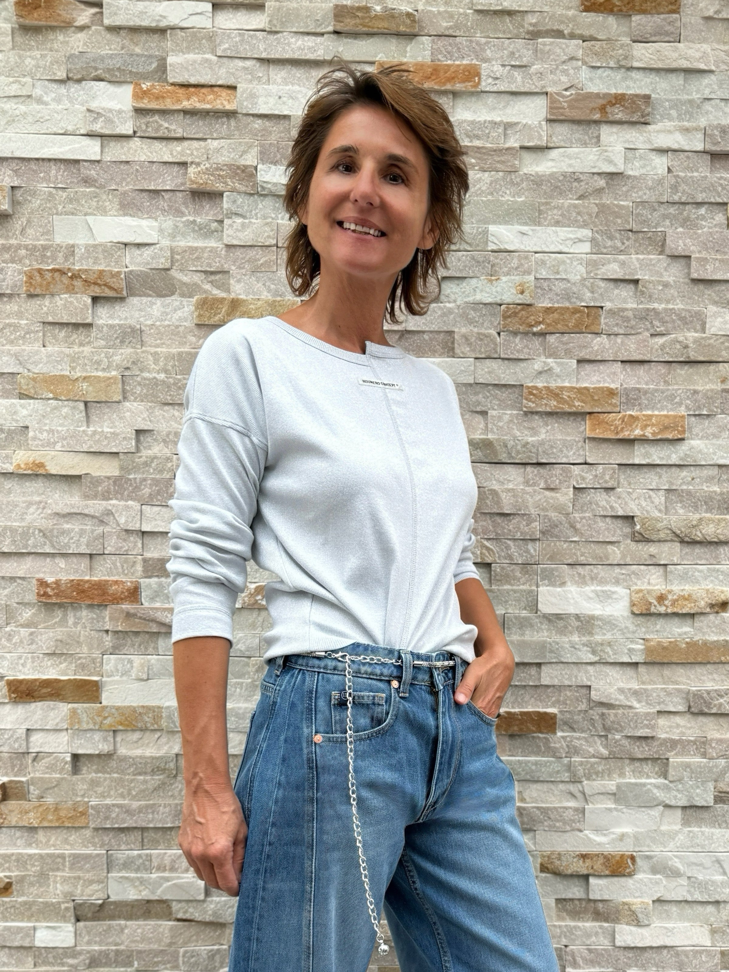 Langarm Lurex T-Shirt Silber