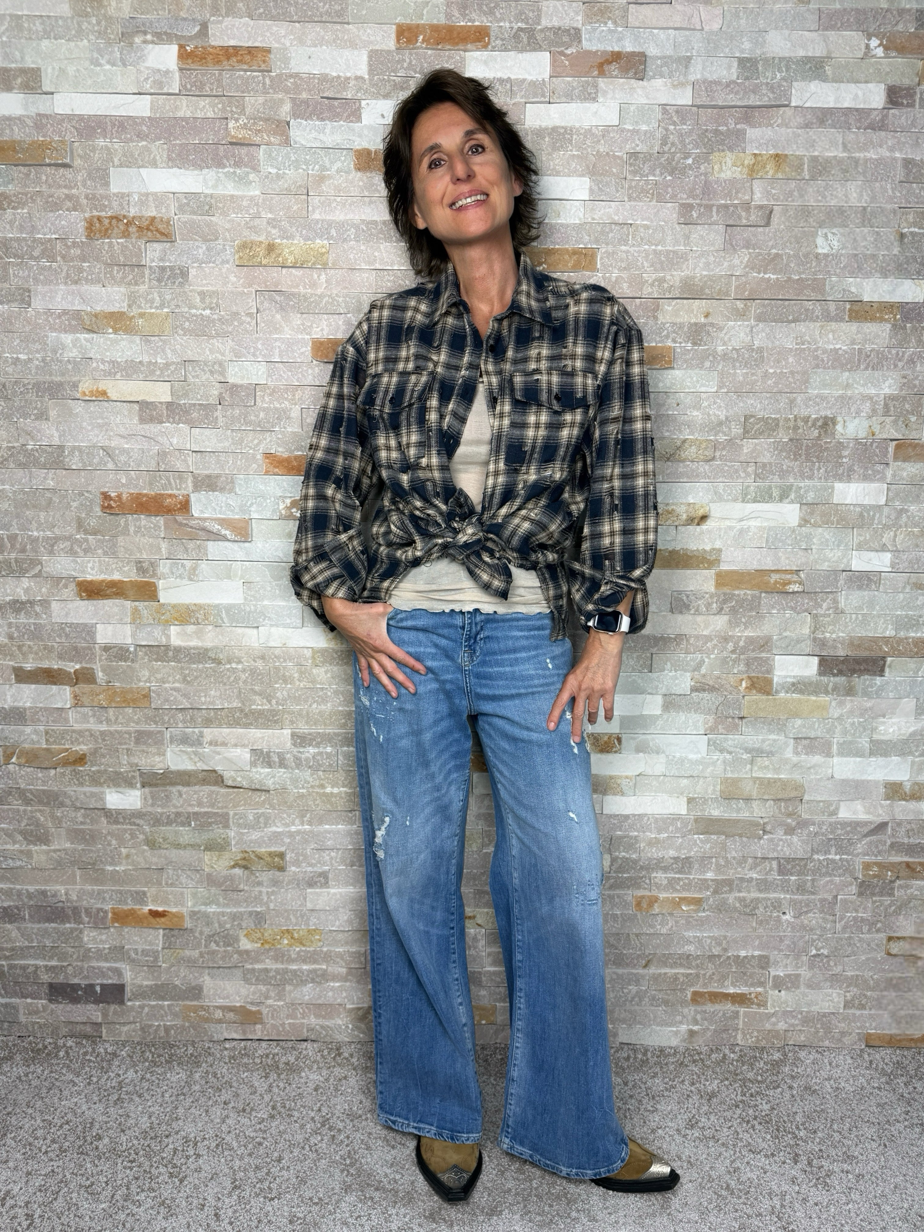 Karo Hemd mit destroyed Effekt Blau-Beige