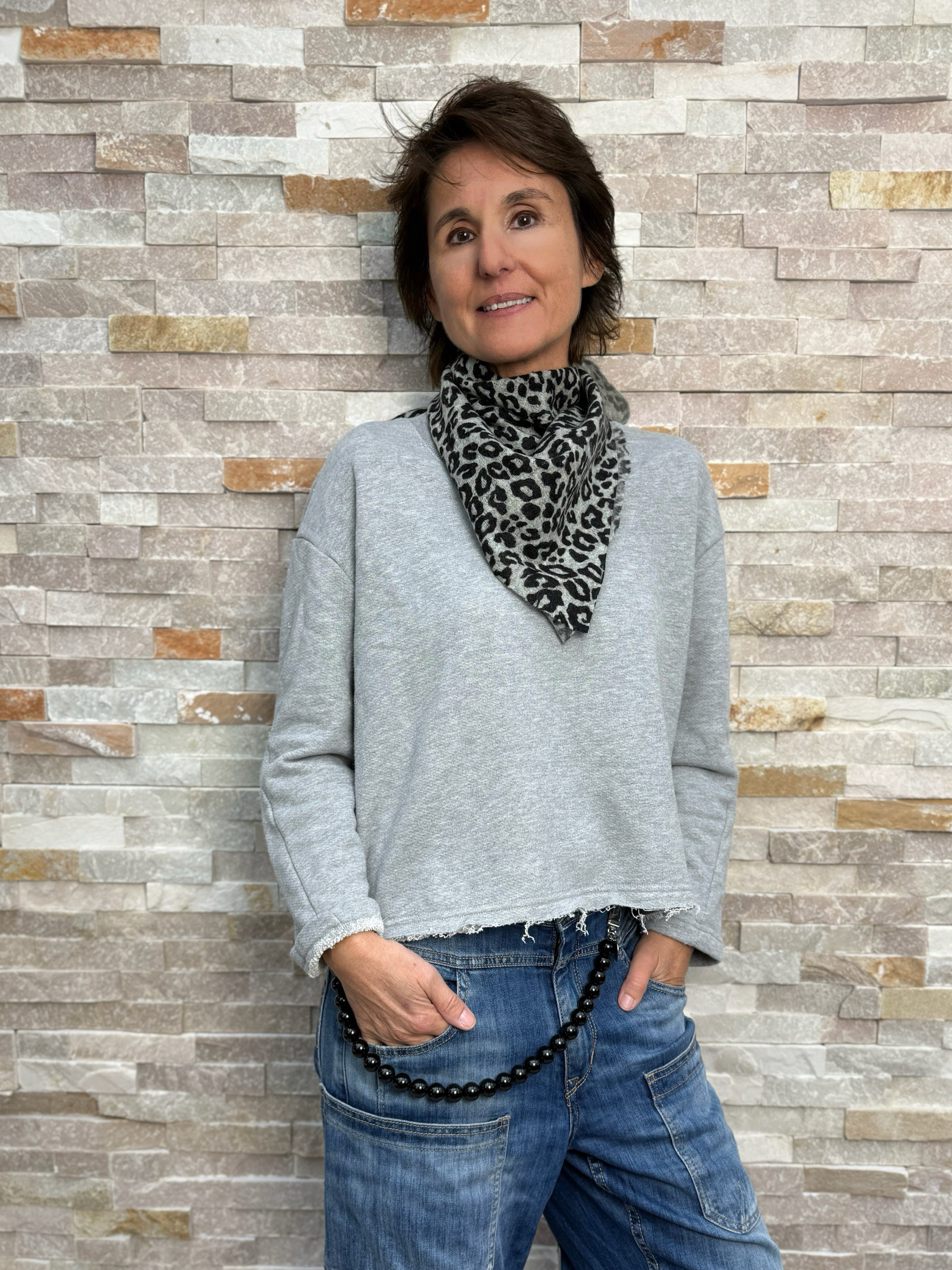 Cashmere Bandana LEO Hellgrau-Schwarz