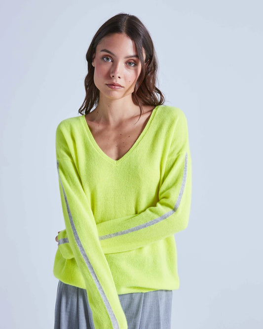 Cashmere V-Pullover ALEXIA mit Kontraststreifen Neon Gelb mit Hellgrau