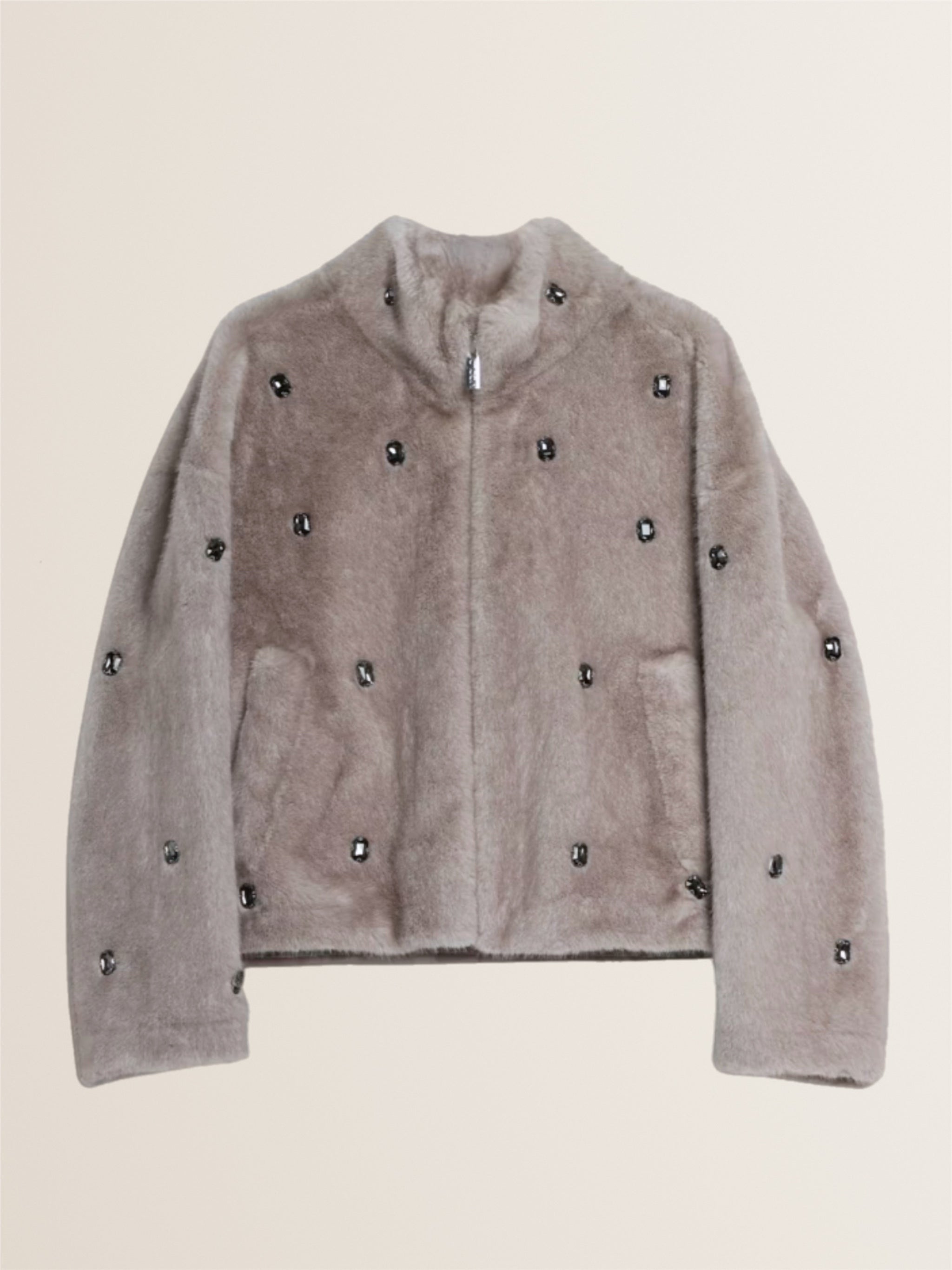 Faux Fur Jacket with Jewel Embellishments in PEARL
