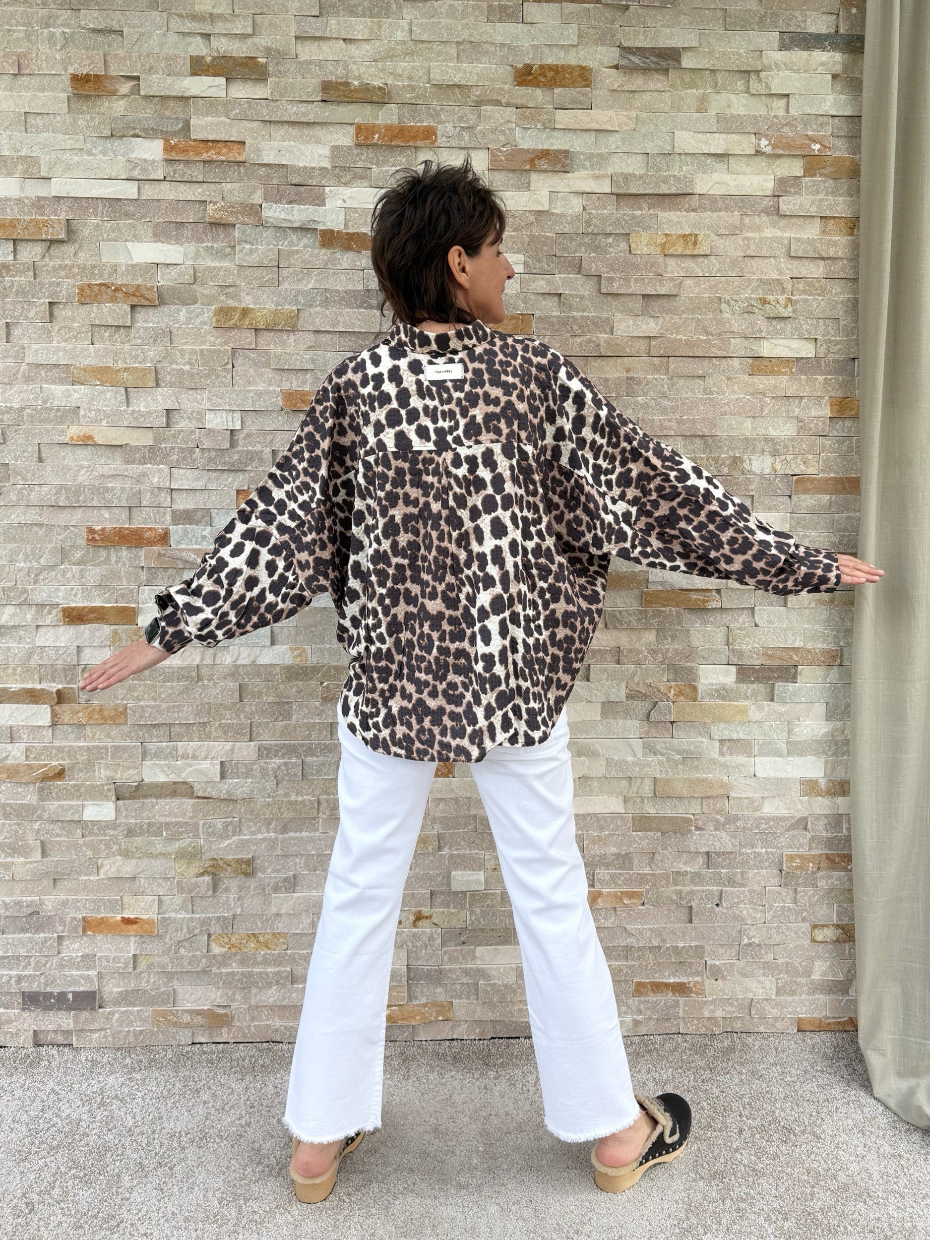Oversized Blouse with Animal Print Beige-Brown