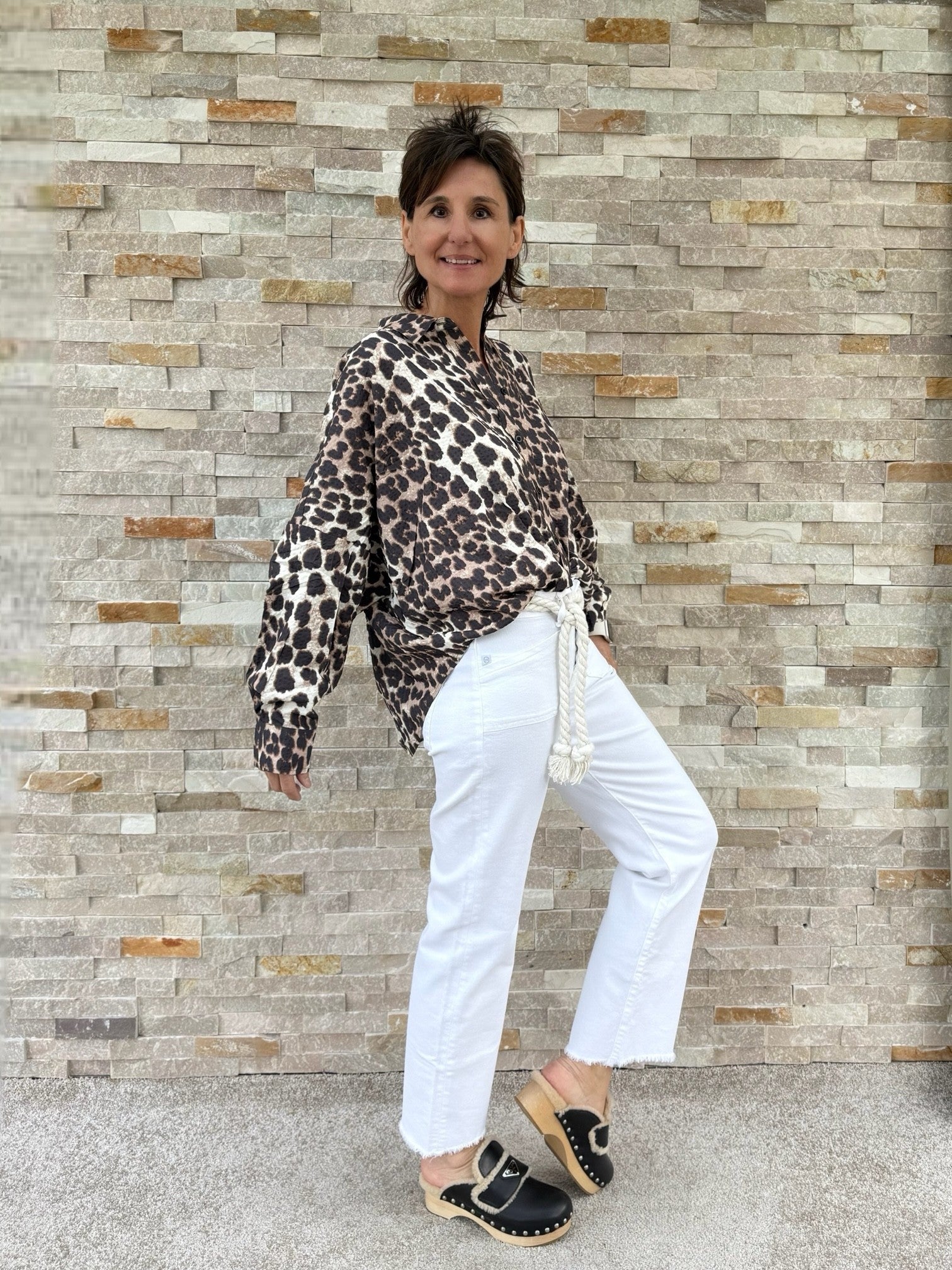 Oversized Blouse with Animal Print Beige-Brown