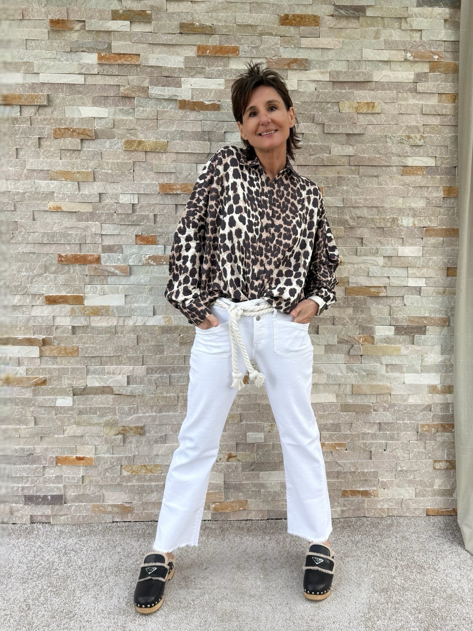 Oversized Bluse mit Animal Print Beige-Braun