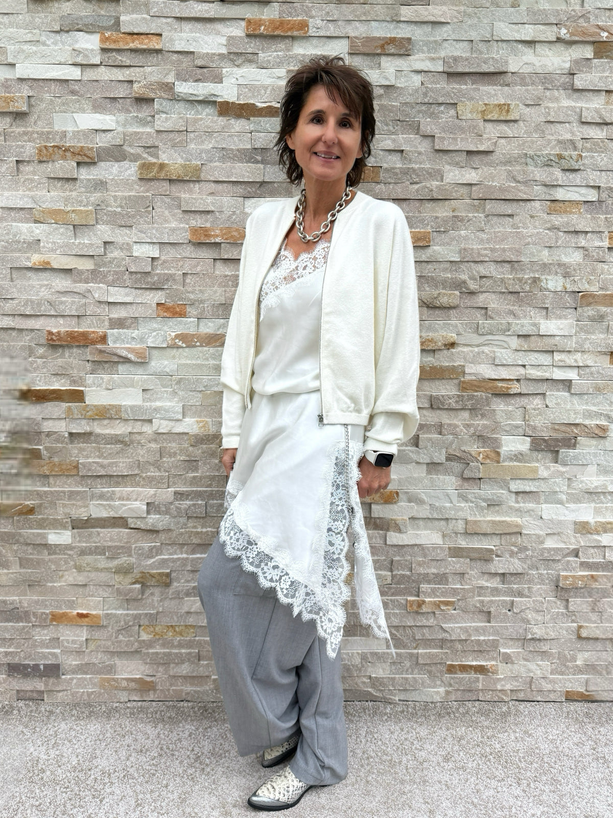 Viscose Lace Top with Asymmetric Hem Off-White