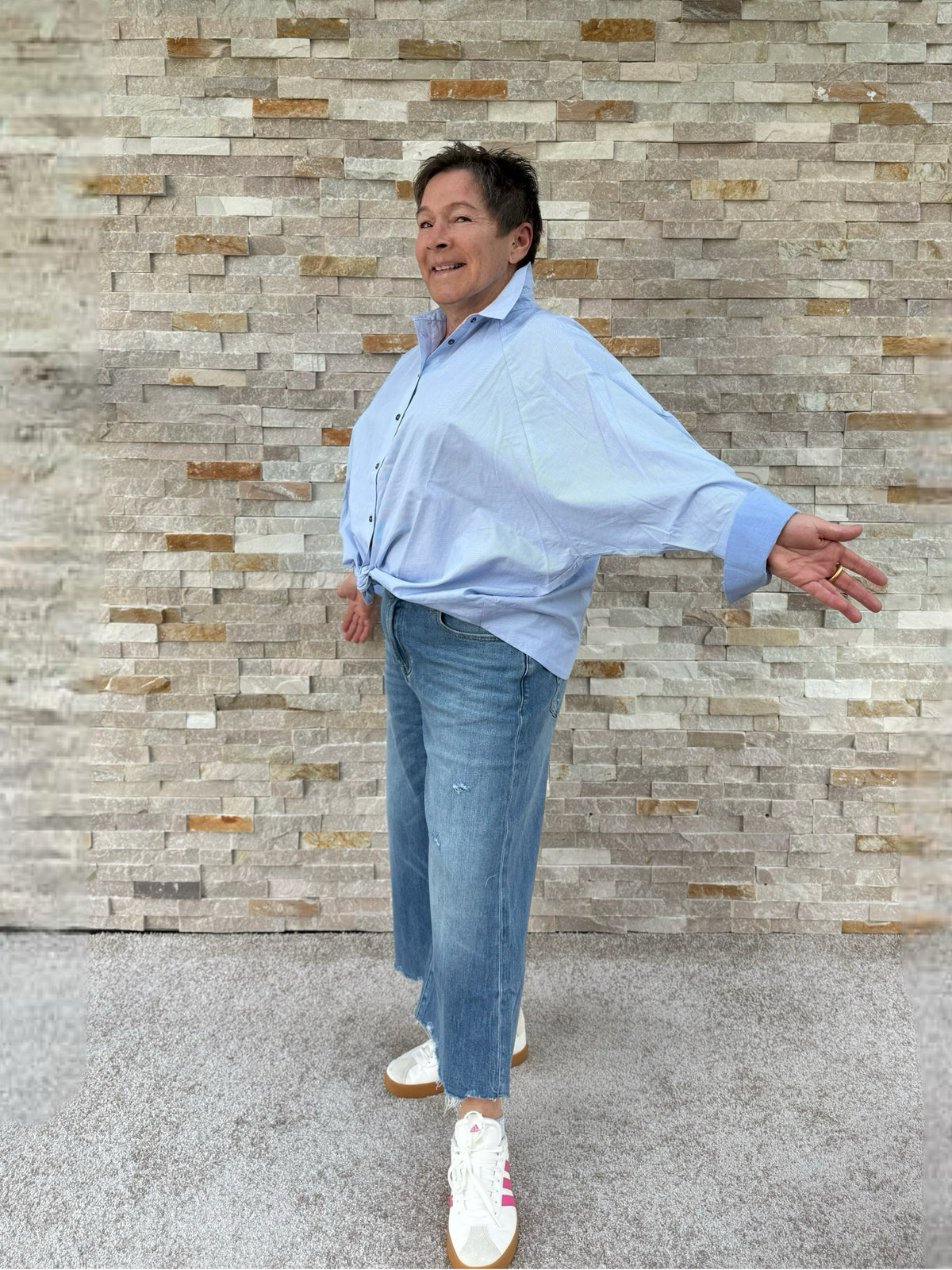 Wide Striped Blouse in Light Blue