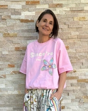 Sweatshirt mit Halbarm Blumenstickerei in Pink