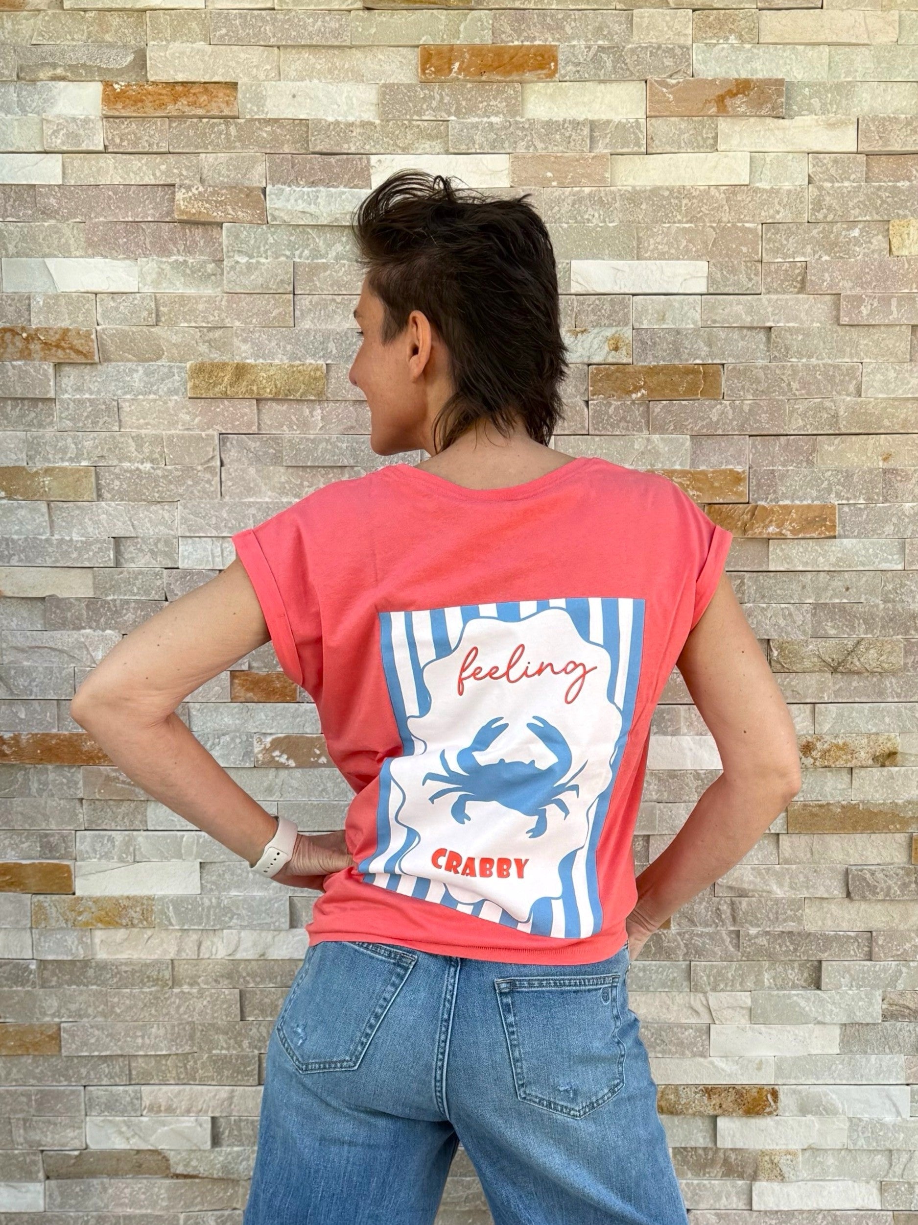 T-Shirt ohne Ärmel Rückendruck GRABBY in Coralle