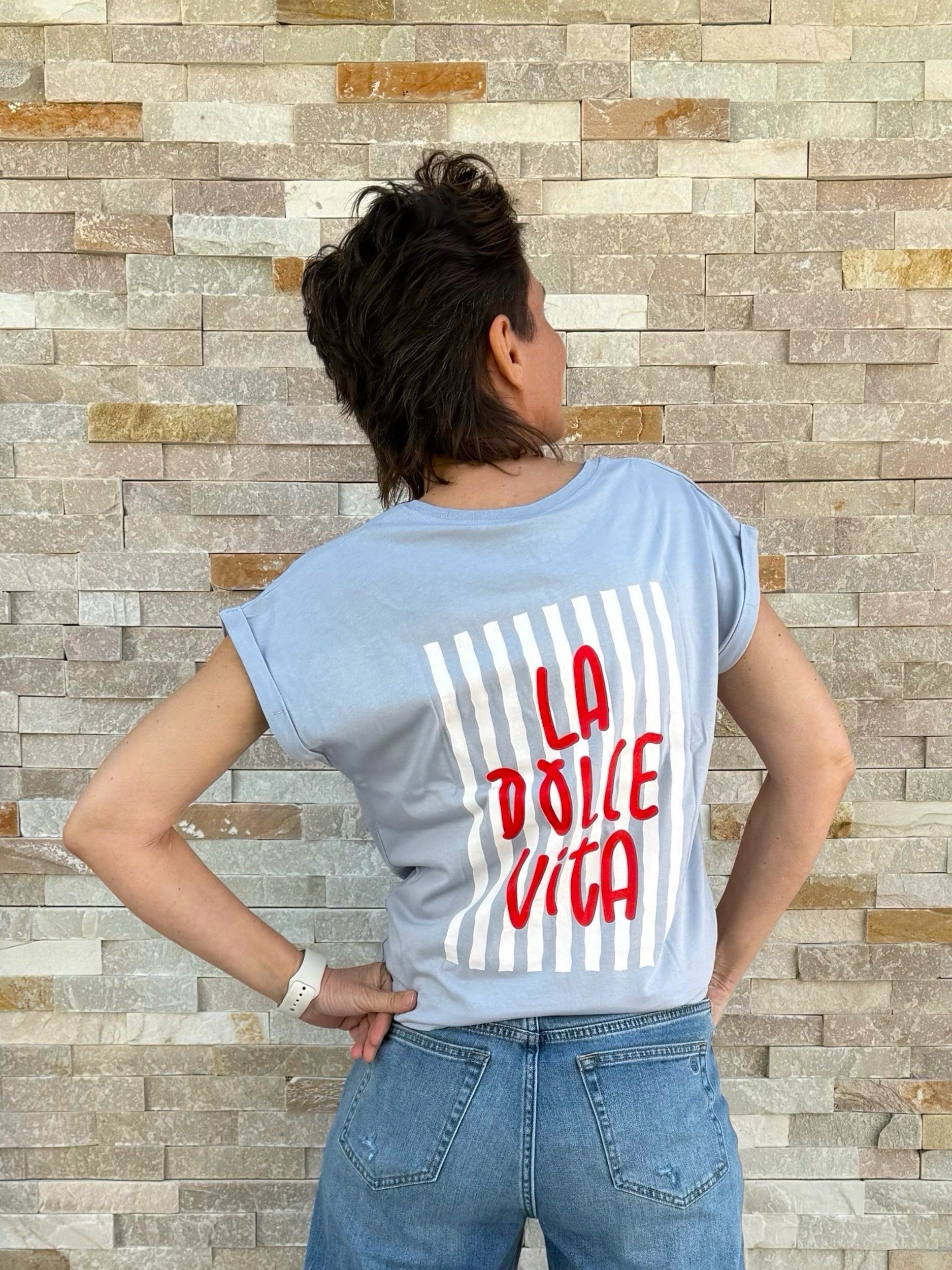 T-Shirt ohne Ärmel Rückendruck La Dolce Vita in Blue