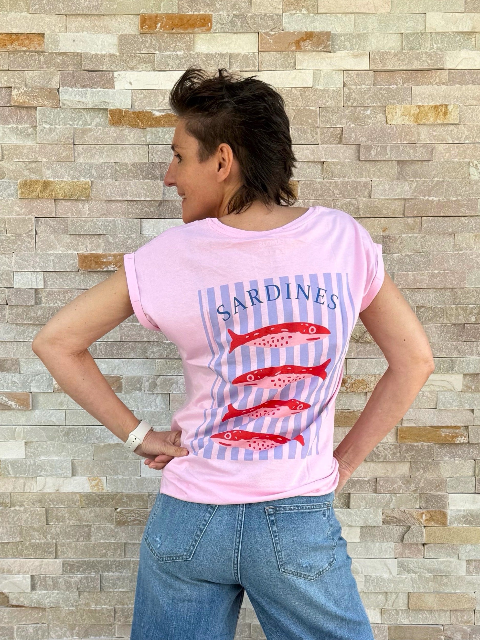 T-Shirt ohne Ärmel Rückendruck SARDINES in Light Pink